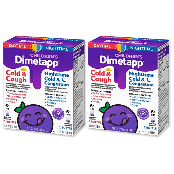 Two boxes of Dimetapp 2 Pack - Childrens Dimetapp Day/Night Combo Cold Cough & Congestion Liquid 4oz, alcohol-free formulas for ages 6+, with grape graphics on the front.